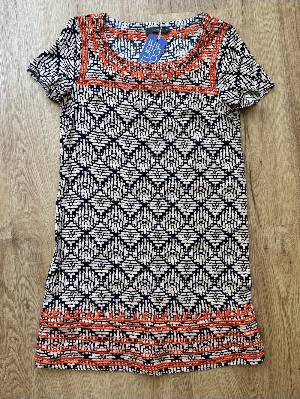 THML Embroidered Short Sleeve dress in Navy, Cream & Orange
